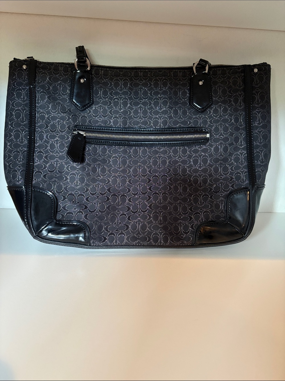 Coach Black Signature Monogram Tote with Leather Trim